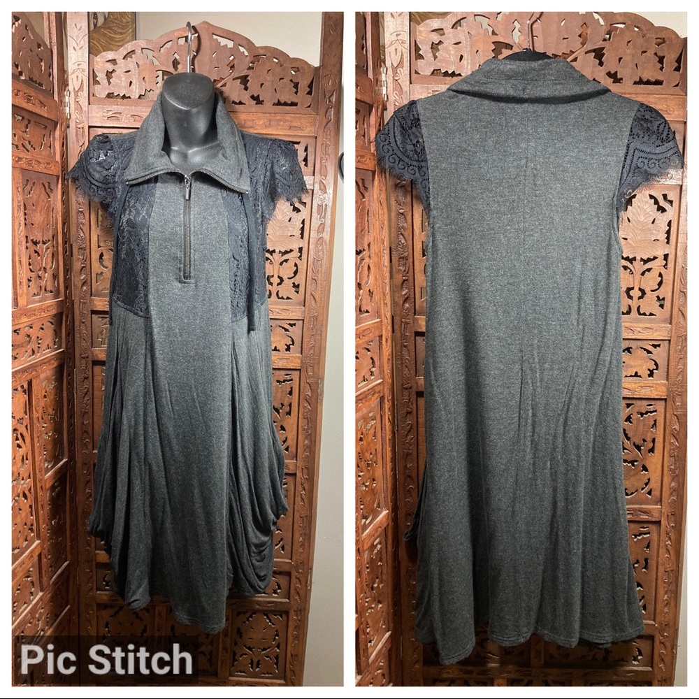 Kensie Gray Henley Dress with black Lace Sleeves